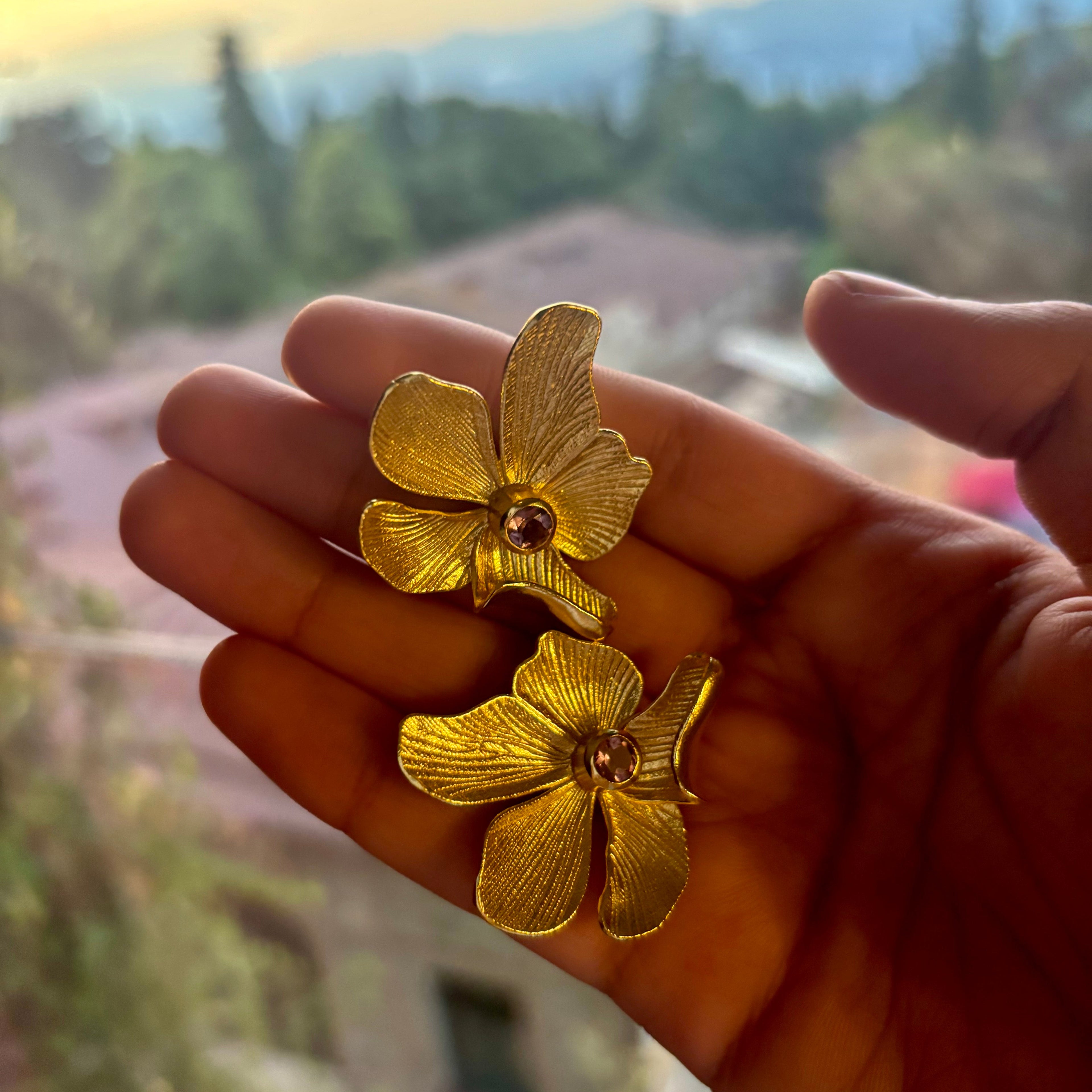elegant gold-plated brass earrings inspired by orchids. Tarnish-protected and timeless - perfect for weddings, brunches, or everyday beauty statement flower earrings
